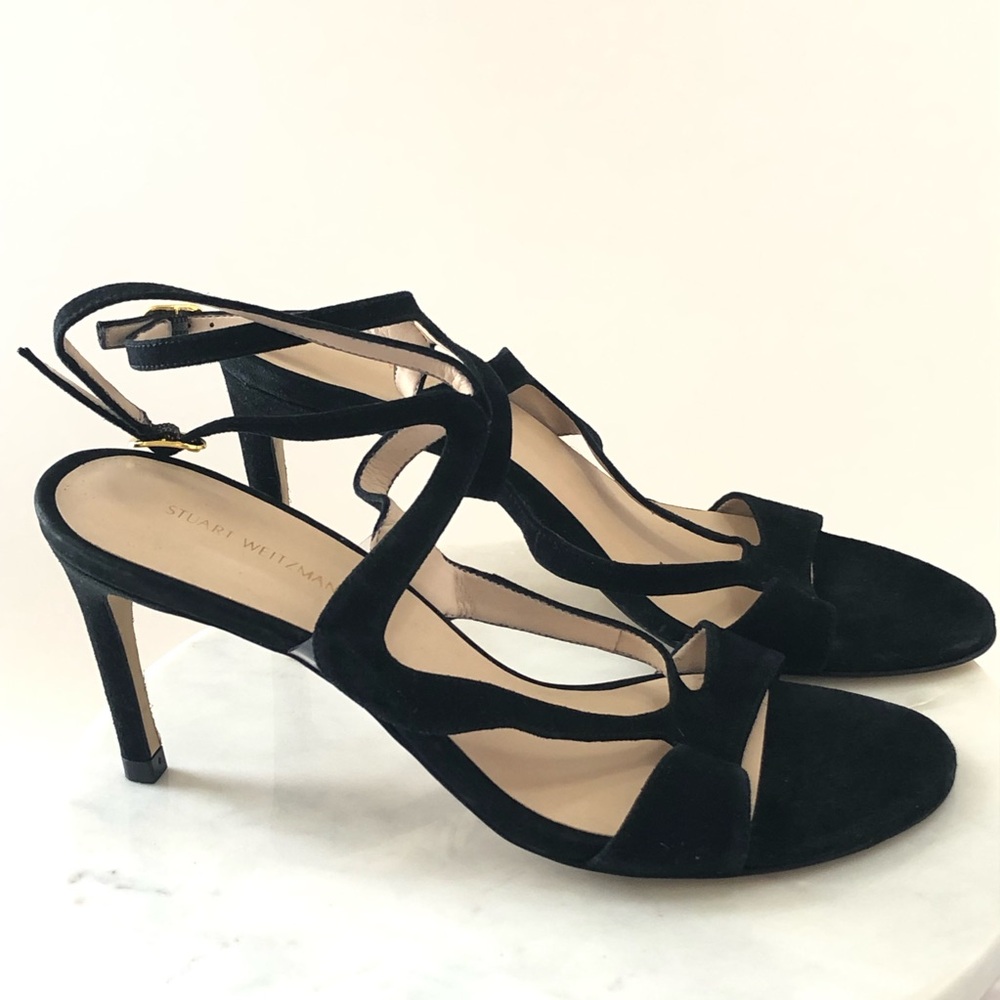 STUART WEITZMAN Mariposa Black Suede Leather Cutout High Heel Sandals - Picture 15 of 15